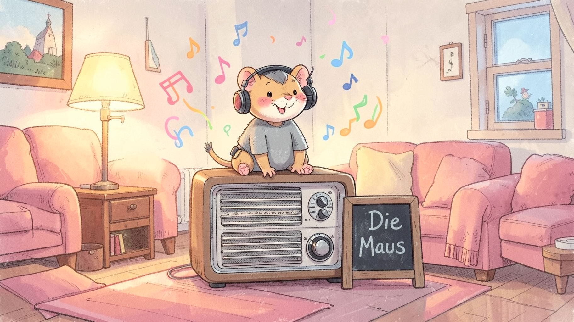 A whimsical illustration of a cartoon mouse listening to a vintage radio