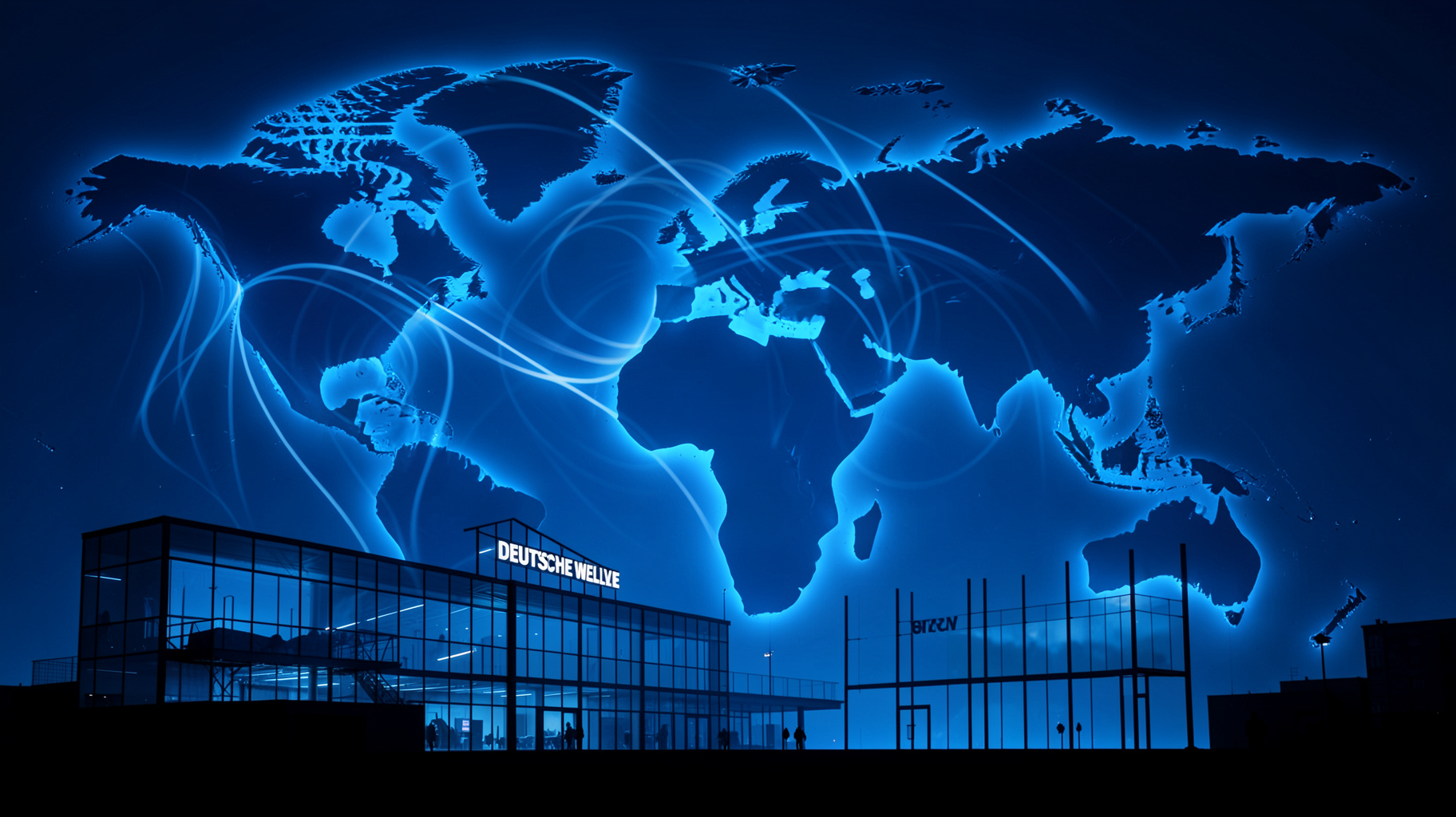 Stylized world map with radio waves spreading from a Deutsche Welle tower in Germany