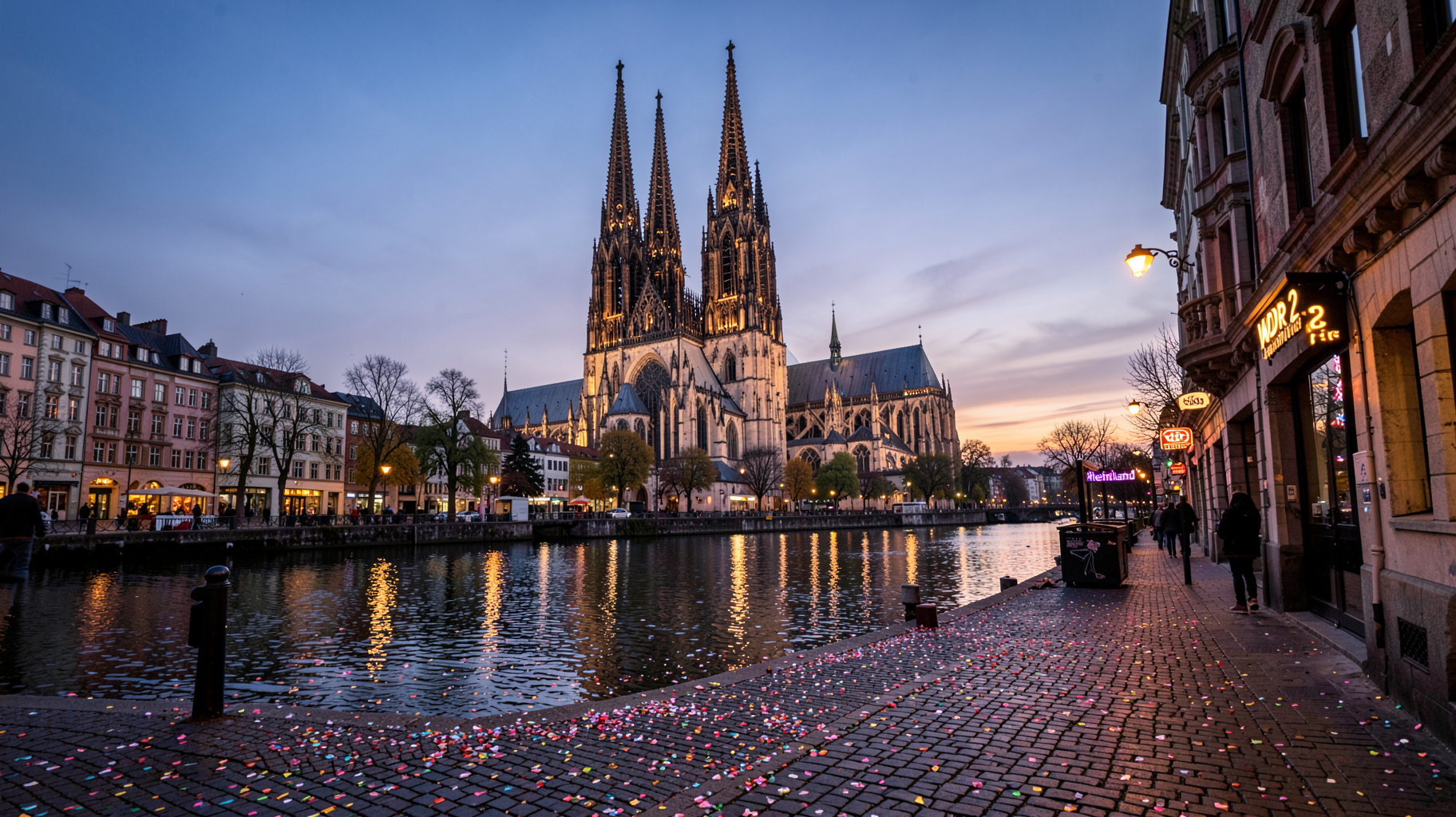 Cologne Cathedral on the Rhine at twilight with a sign reading WDR 2 Rheinland