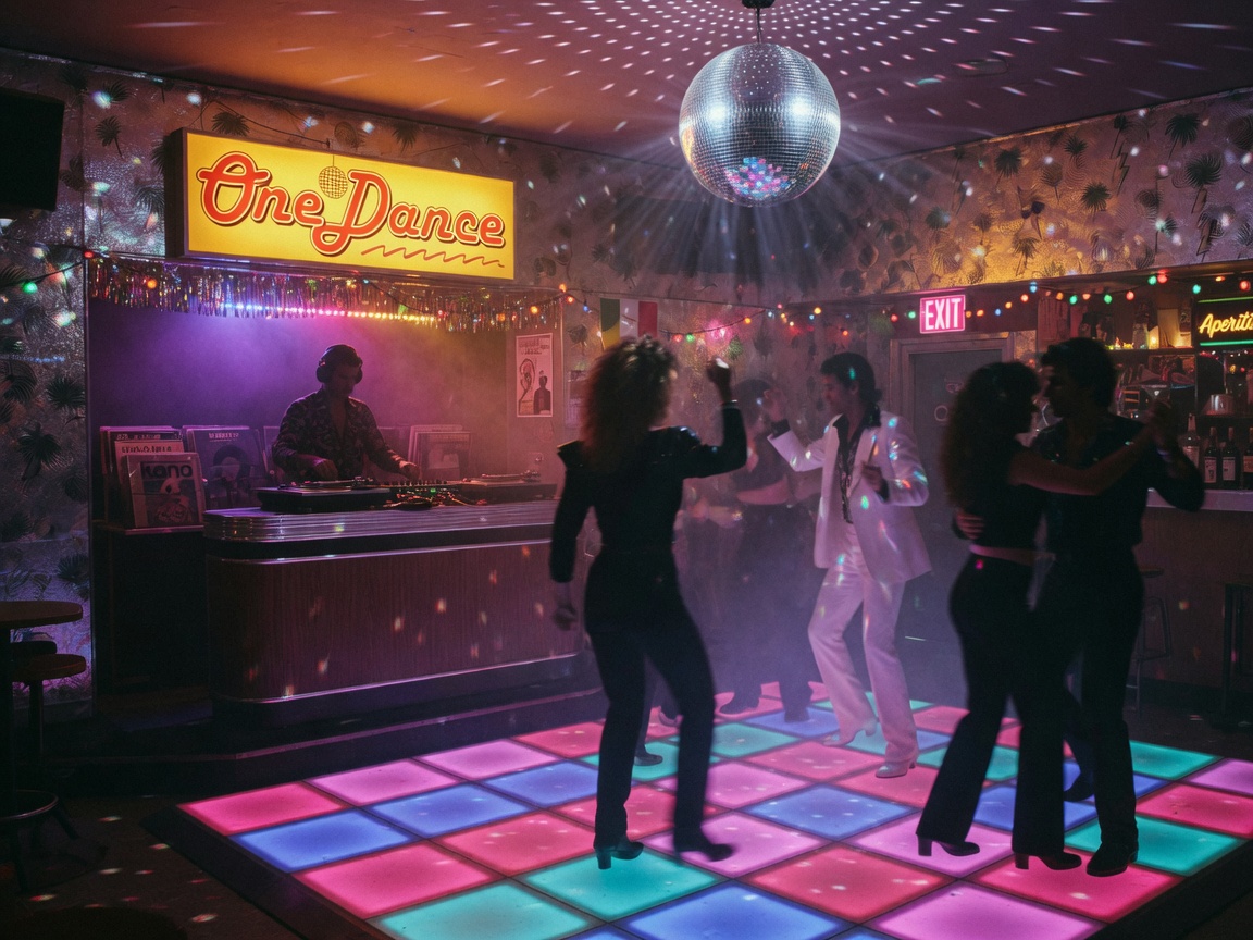 Retro Italian discotheque with neon dance floor and DJ booth, inspired by One Dance radio Bergamo