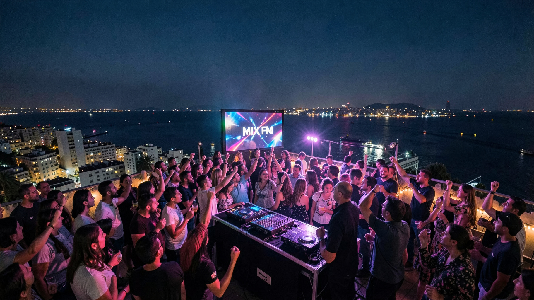 A rooftop party overlooking the Beirut skyline at night with a DJ booth displaying Mix FM
