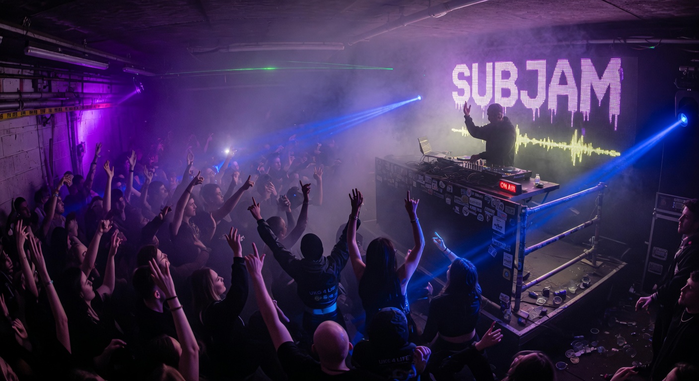 Packed underground UK garage nightclub with silhouetted crowd and Subjam branding on DJ booth LED screen