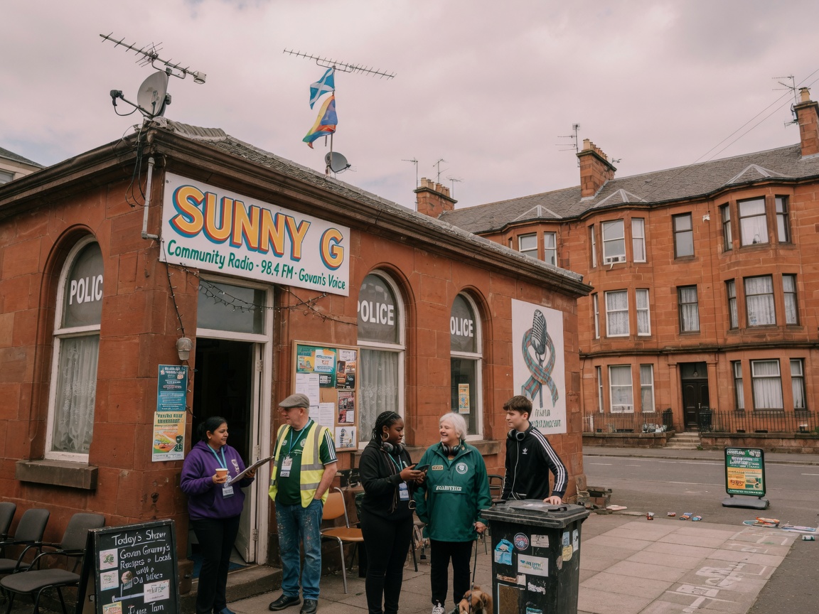 Community radio station shopfront in Govan, Glasgow with red sandstone tenements and local volunteers gathered outside