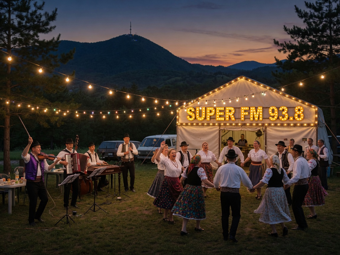 A festive Romanian outdoor party at dusk near Brasov with a live band, dancers, and a glowing SUPER FM 93.8 sign