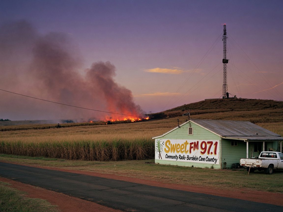 A Queensland sugarcane field at dusk with a community radio tower, representing Sweet FM 97.1's Burdekin coverage area