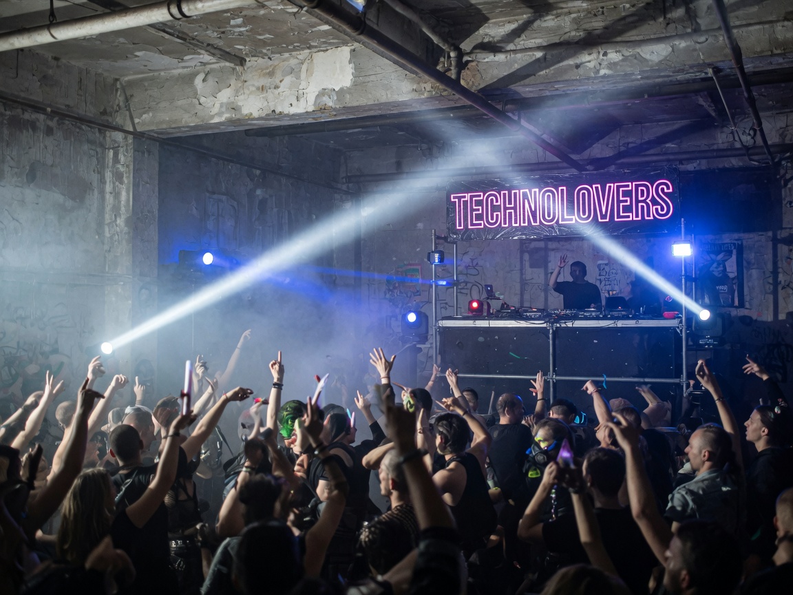 A packed underground techno club with strobe lights and a Technolovers sign, representing Technolovers - TECHNO