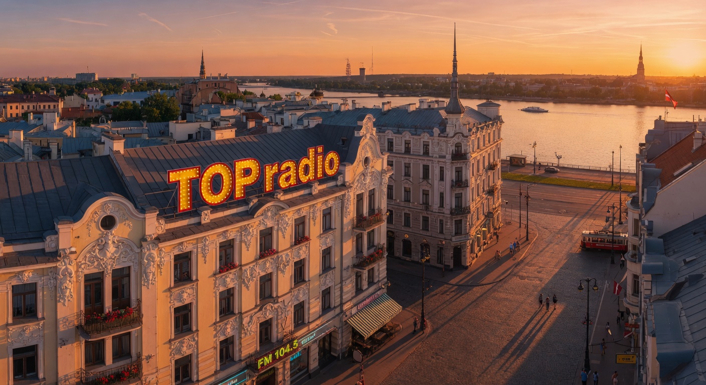 Riga Latvia at golden hour, art nouveau architecture lit by warm amber light, a TOP radio marquee sign on a building facade