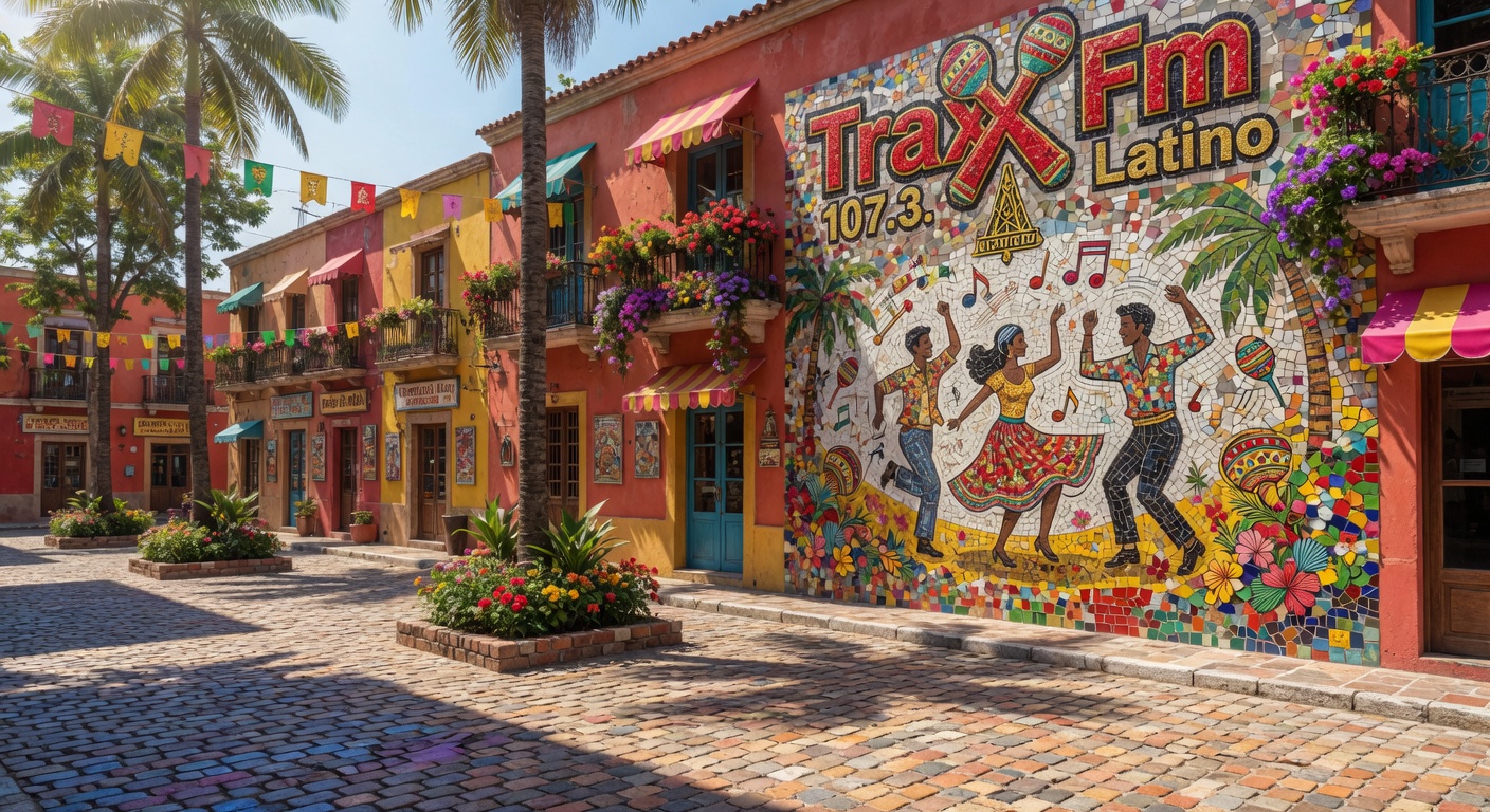 Sun-drenched Latin plaza with terracotta buildings, colorful balconies, and a Traxx FM Latino mosaic mural on a wall