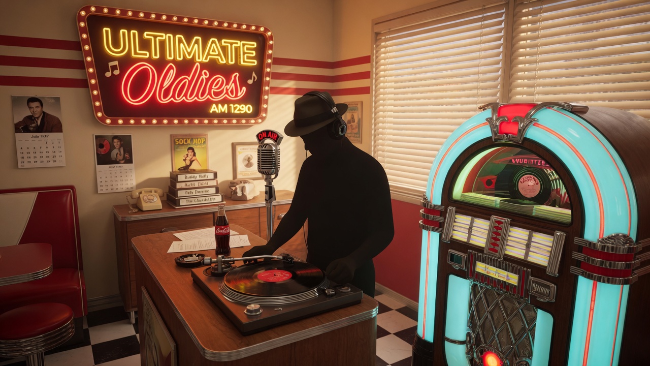 A warm 1950s American radio studio with a glowing chrome jukebox, vintage microphone and an Ultimate Oldies sign