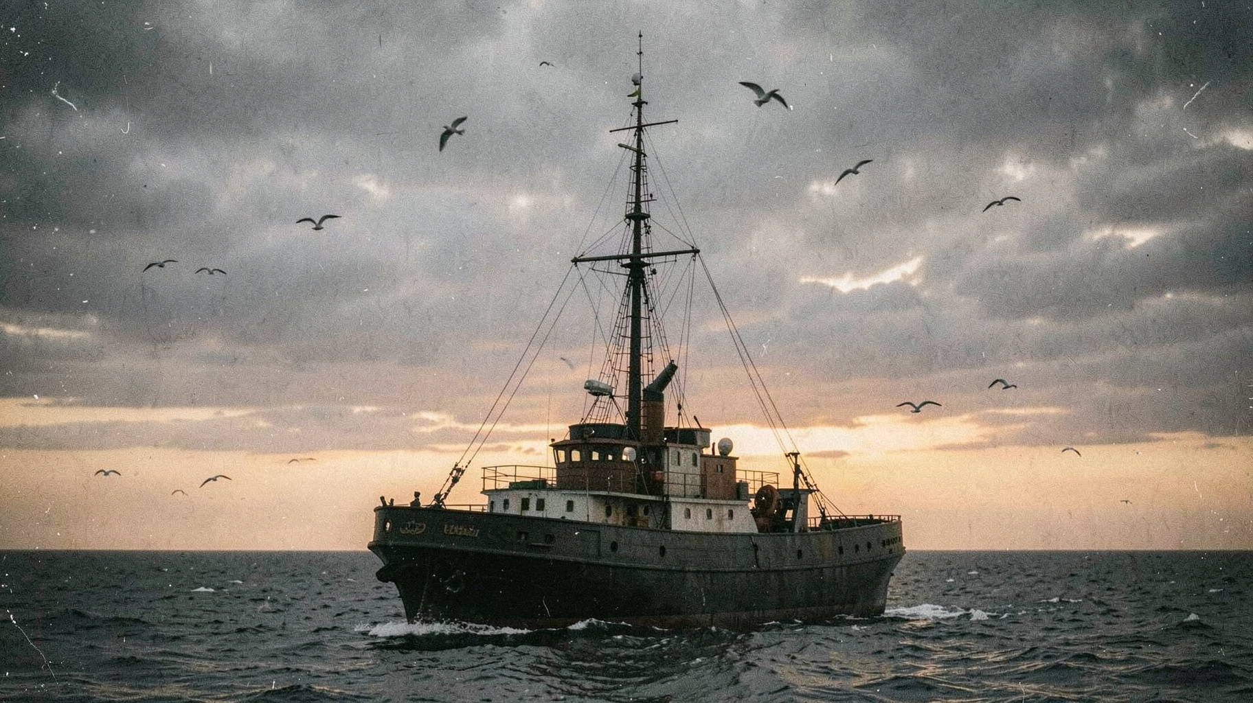 A vintage offshore pirate radio ship anchored at sea at sunset with a tall antenna mast