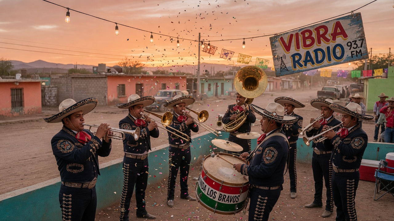 A banda sinaloense brass ensemble performing outdoors at golden hour, evoking the regional Mexican sound of Vibra Radio Los Mochis