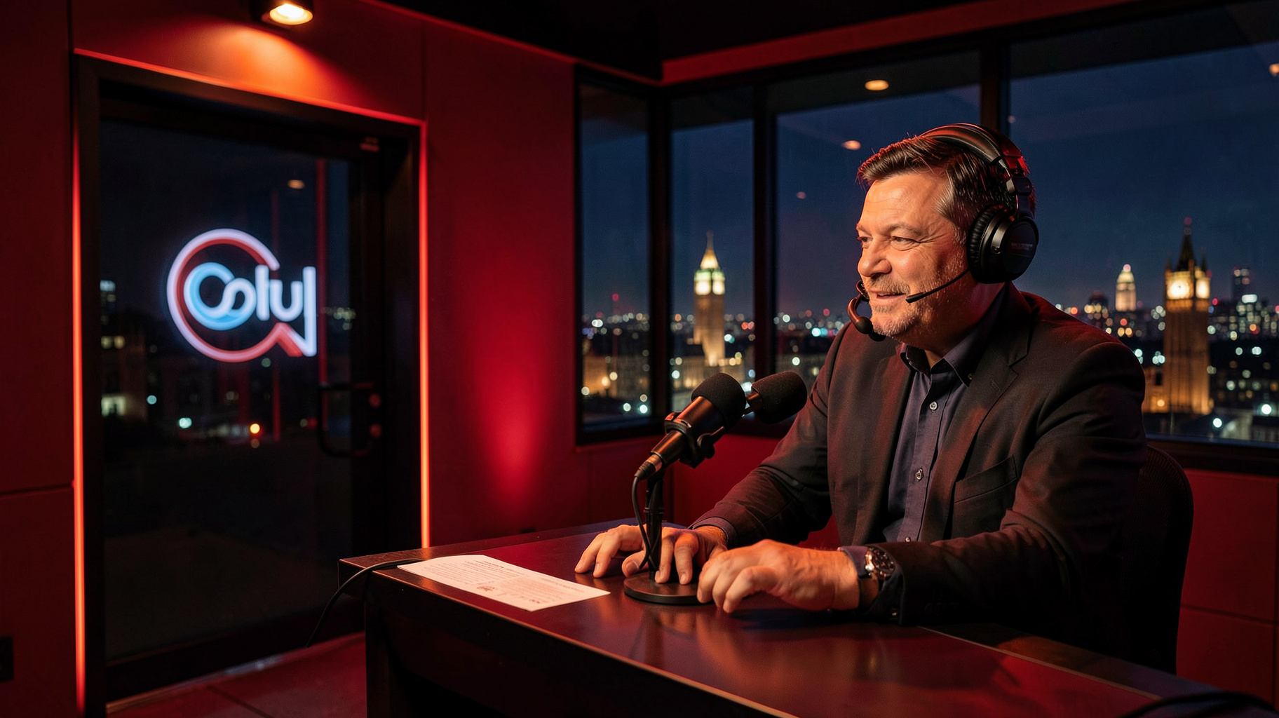 A modern London radio studio at night with a host on air