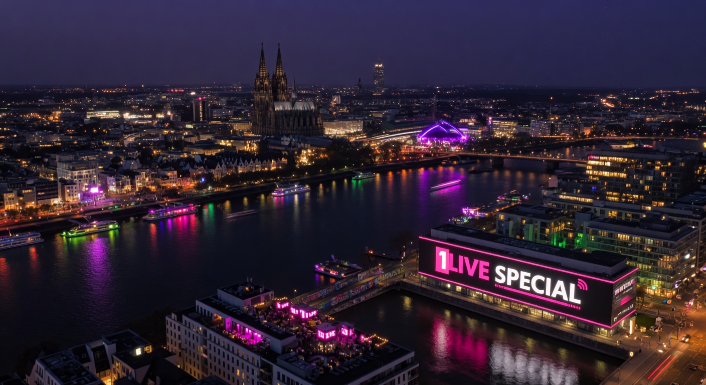 Cologne at night with the Rhine river reflecting city lights, a large 1LIVE Special billboard illuminated on a building facade