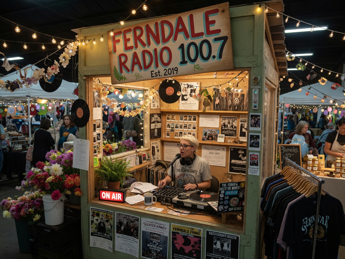 A cozy community radio booth inside an indoor market with vinyl records, string lights and a Ferndale Radio 100.7 sign