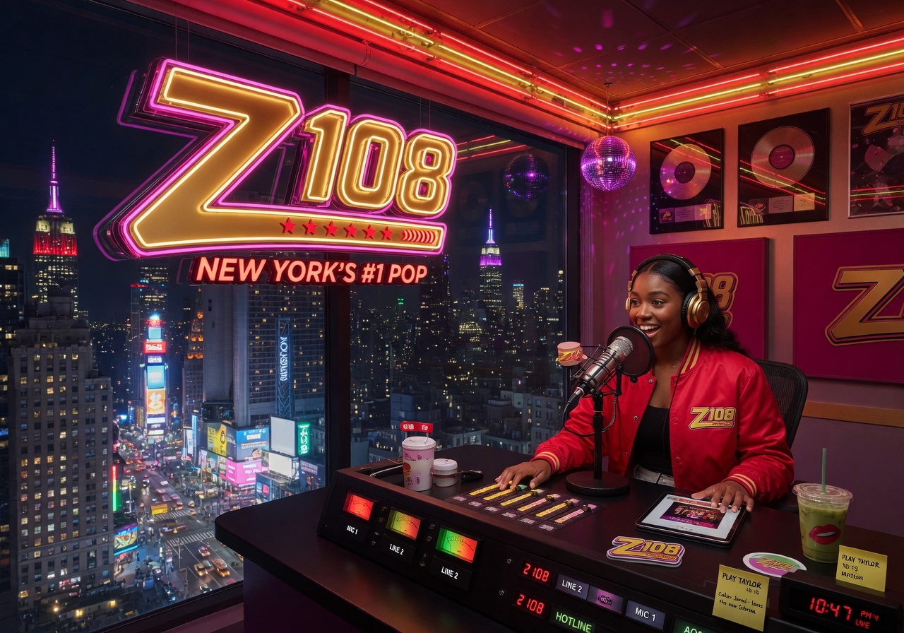 Z108 radio studio with glowing neon sign and DJ mixing desk, New York cityscape in the background